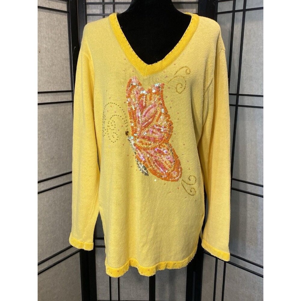 The Quacker Factory Women Butterfly Sequin Sweater Size Large Yellow Y2K VINTAGE